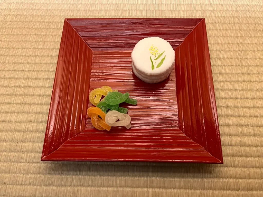 Traditional Japanese sweets on a lacquer tray